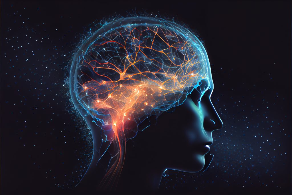 An image of a human head with glowing neurons in the brain.