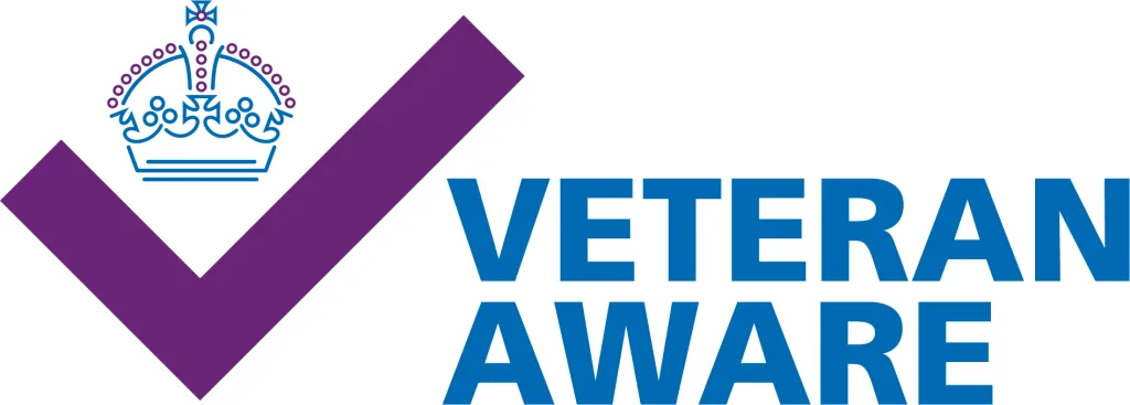 Veteran Aware logo, purple tick with King's Crown and 'Veteran Aware' in blue text